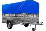 Autotransportanhänger auf Blattfedern 264×150 UNITRAILER GARDEN 265/R KIPP mit Gitterwänden, H-800 Rahmen und blauer Plane-Neu