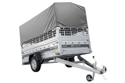 Autotransportanhänger auf Federn 264×125 UNITRAILER FORCE 264/R KIPP mit Gitterwänden, H-800 Rahmen und grauer Plane-Neu