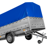 Einachsanhänger 264×150 UNITRAILER GARDEN 265 KIPP mit zusätzlichen Bordwänden, H-800-Hochspriegel und blauer Plane-Neu