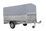 Einachsiger Anhänger auf Blattfedern 264×150 UNITRAILER GARDEN 265/R KIPP mit BIS-Seitenwänden, H-800-Rahmen und grauer Plane-Neu