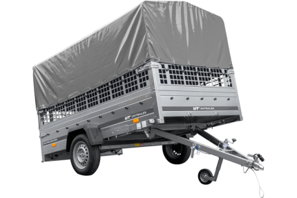 PKW-Anhänger 264×150 UNITRAILER GARDEN 265 KIPP mit Gitteraufsatz, Hochspriegel H-800 und grauer Plane-Neu