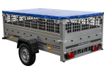 Pkw Transport Anhänger 230×125 Garden Trailer 230 KIPP mit Laubgitteraufsatz, blauer Flachplane und Stützrad-Neu – Bild 8